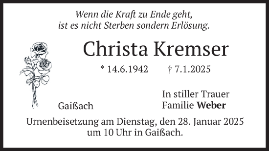 Traueranzeige von Christa Kremser von merkurtz