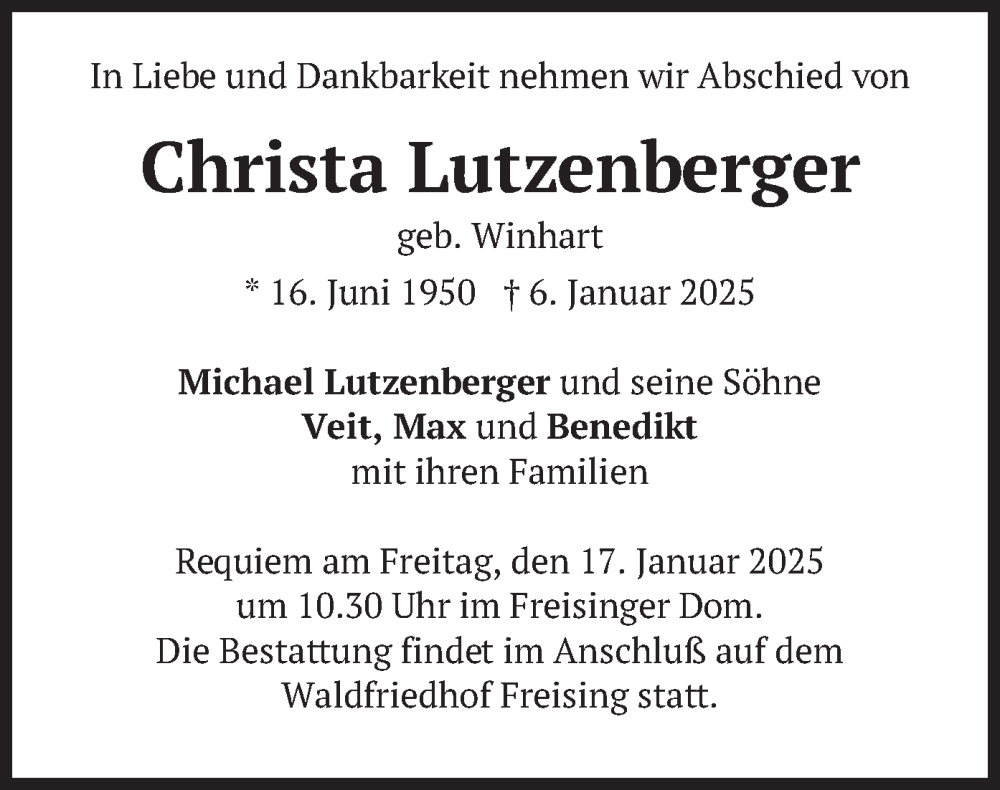  Traueranzeige für Christa Lutzenberger vom 11.01.2025 aus merkurtz