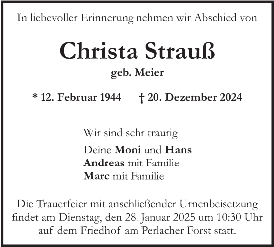 Traueranzeige von Christa Strauß von merkurtz