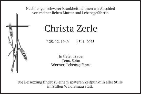Traueranzeige von Christa Zerle von merkurtz