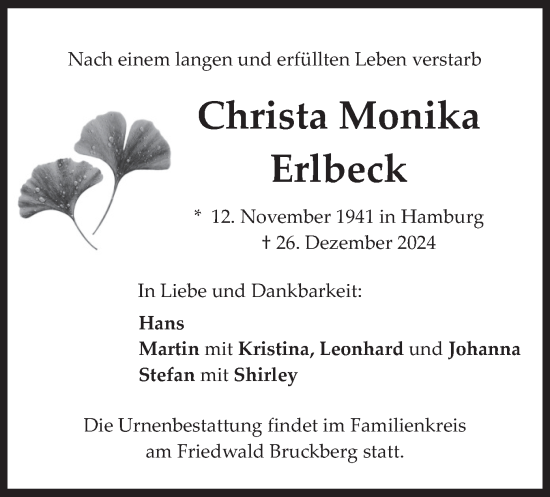 Traueranzeige von Christa Monika Erlbeck von merkurtz