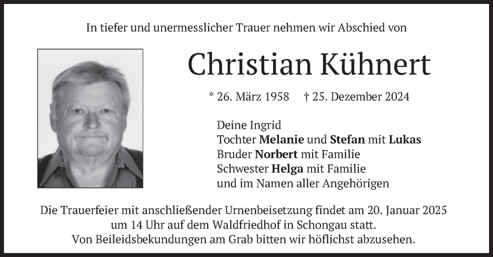  Traueranzeige für Christian Kühnert vom 11.01.2025 aus merkurtz