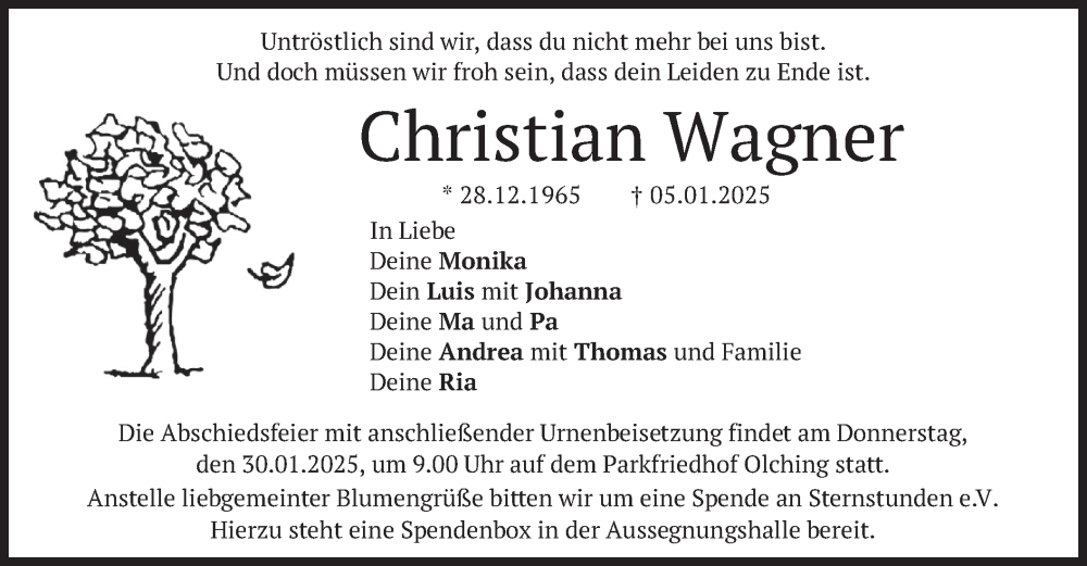  Traueranzeige für Christian Wagner vom 18.01.2025 aus merkurtz