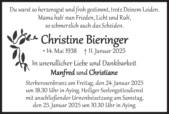 Traueranzeige von Christine Bieringer von merkurtz