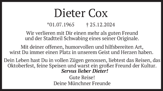 Traueranzeige von Dieter Cox von merkurtz