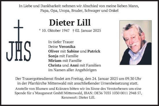 Traueranzeige von Dieter Lill von merkurtz