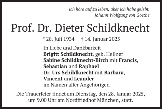 Traueranzeige von Dieter Schildknecht von merkurtz