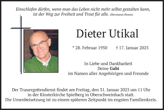 Traueranzeige von Dieter Utikal von merkurtz