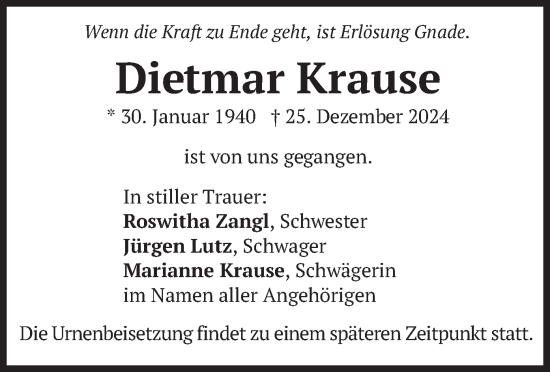 Traueranzeige von Dietmar Krause von merkurtz