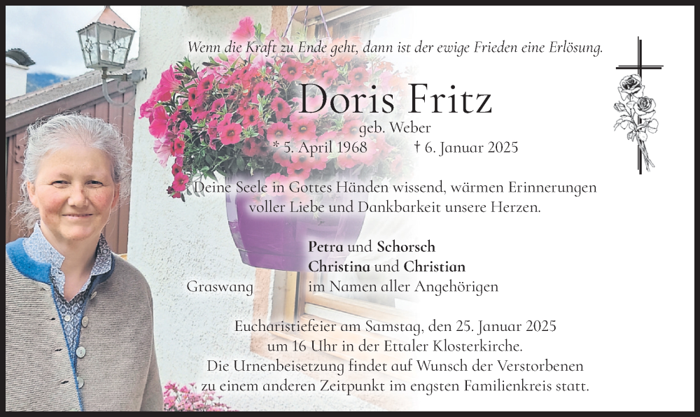  Traueranzeige für Doris Fritz vom 18.01.2025 aus merkurtz