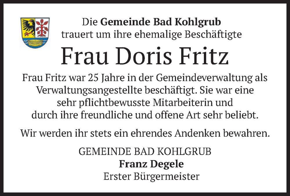  Traueranzeige für Doris Fritz vom 24.01.2025 aus merkurtz