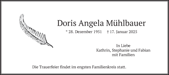 Traueranzeige von Doris Angela Mühlbauer von merkurtz