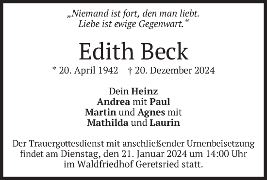 Traueranzeige von Edith Beck von merkurtz