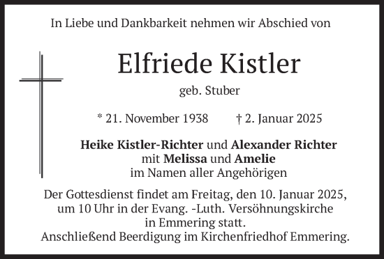 Traueranzeige von Elfriede Kistler von merkurtz