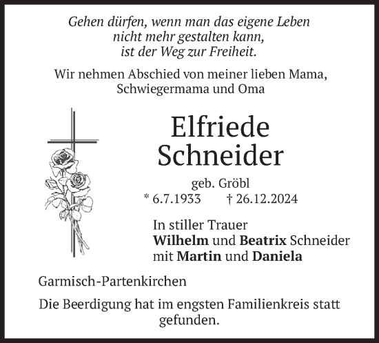 Traueranzeige von Elfriede Schneider von merkurtz