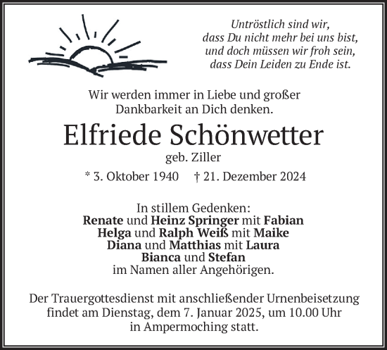 Traueranzeige von Elfriede Schönwetter von merkurtz