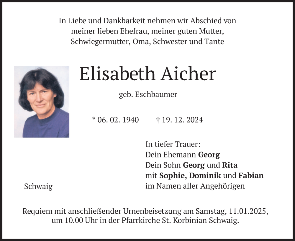  Traueranzeige für Elisabeth Aicher vom 04.01.2025 aus merkurtz