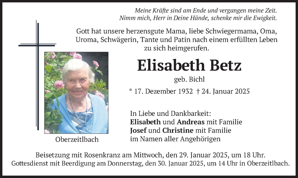  Traueranzeige für Elisabeth Betz vom 28.01.2025 aus merkurtz