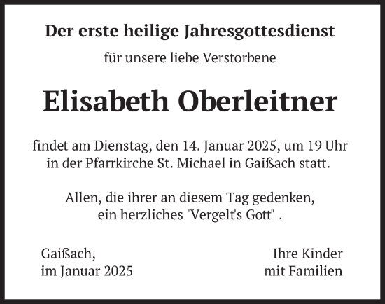 Traueranzeige von Elisabeth Oberleitner von merkurtz