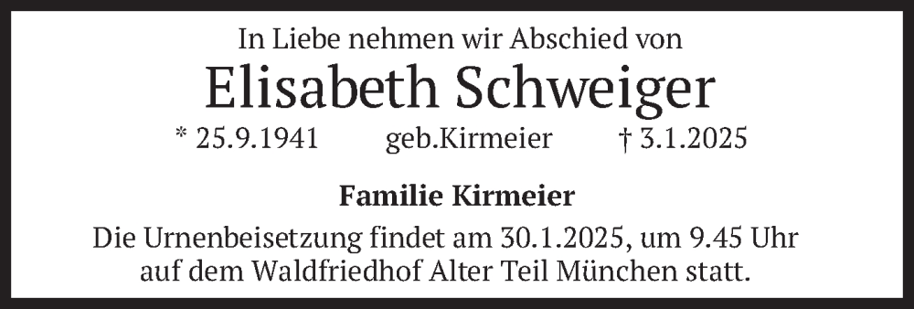  Traueranzeige für Elisabeth Schweiger vom 25.01.2025 aus merkurtz
