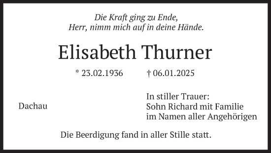 Traueranzeige von Elisabeth Thurner von merkurtz