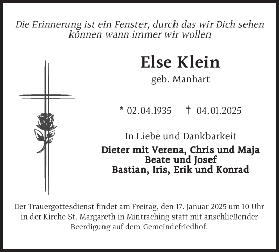 Traueranzeige von Else Klein von merkurtz