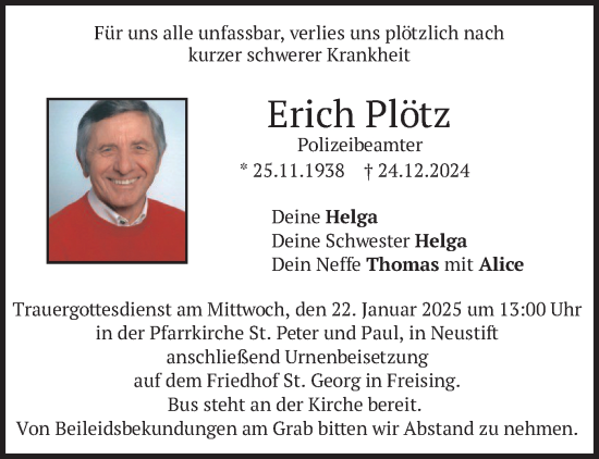 Traueranzeige von Erich Plötz von merkurtz