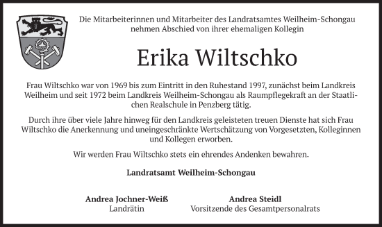 Traueranzeige von Erika Wiltschko von merkurtz