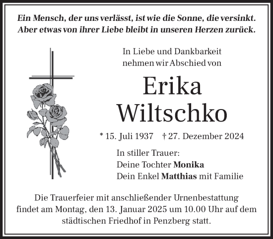 Traueranzeige von Erika Wiltschko von Das Gelbe Blatt Penzberg