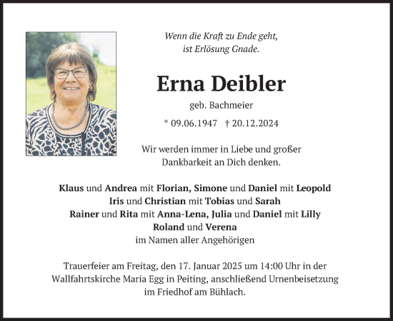 Traueranzeige von Erna Deibler von merkurtz