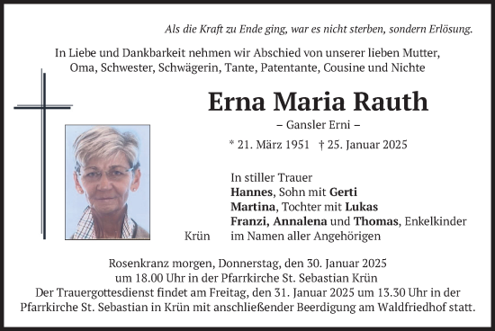 Traueranzeige von Erna Maria Rauth von merkurtz