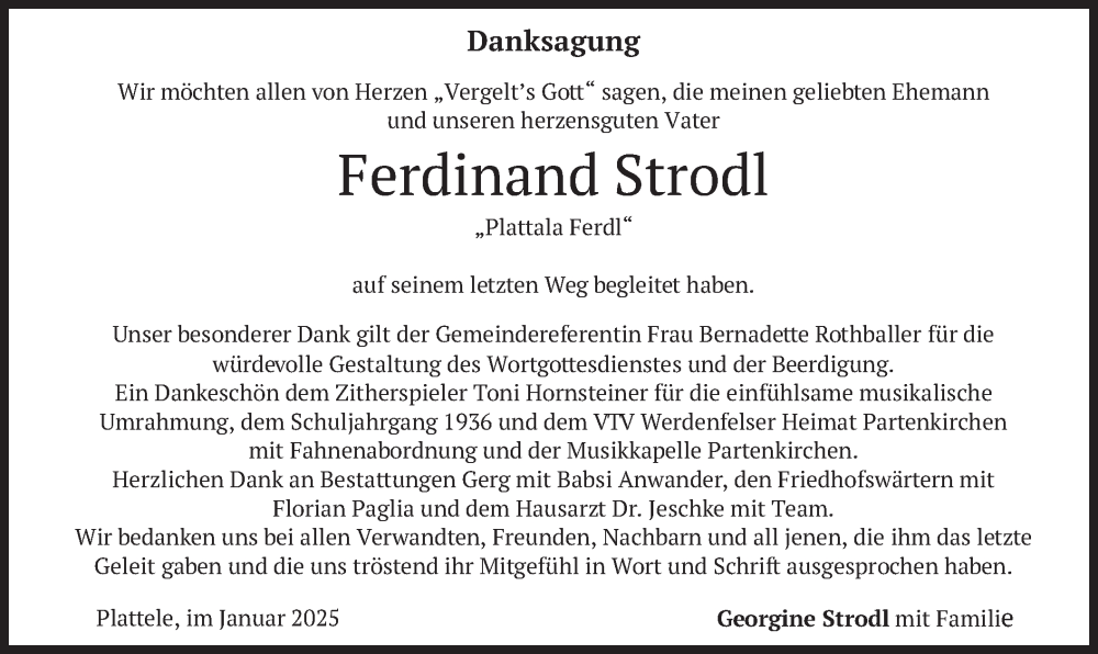  Traueranzeige für Ferdinand Strodl vom 25.01.2025 aus merkurtz