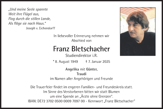 Traueranzeige von Franz Bletschacher von merkurtz