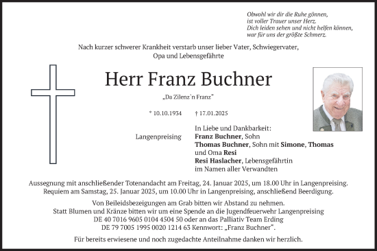 Traueranzeige von Franz Buchner von merkurtz