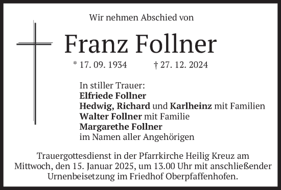 Traueranzeige von Franz Follner von merkurtz