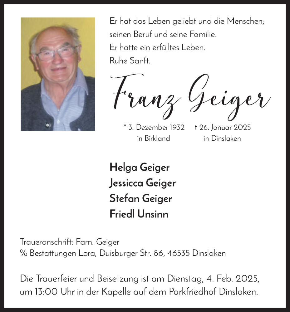  Traueranzeige für Franz Geiger vom 31.01.2025 aus merkurtz