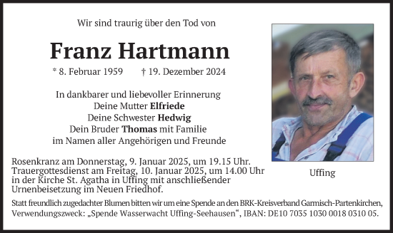Traueranzeige von Franz Hartmann von merkurtz