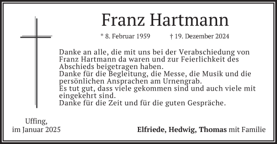 Traueranzeige von Franz Hartmann von merkurtz
