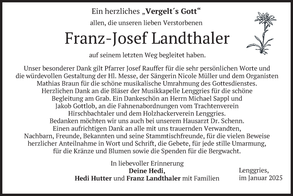  Traueranzeige für Franz-Josef Landthaler vom 25.01.2025 aus merkurtz