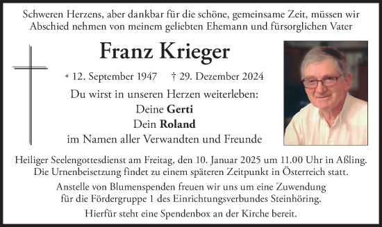 Traueranzeige von Franz Krieger von merkurtz