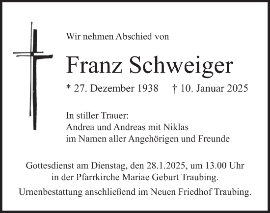 Traueranzeige von Franz Schweiger von merkurtz