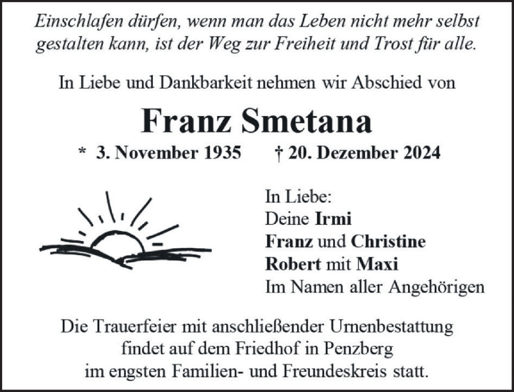  Traueranzeige für Franz Smetana vom 04.01.2025 aus Das Gelbe Blatt Penzberg