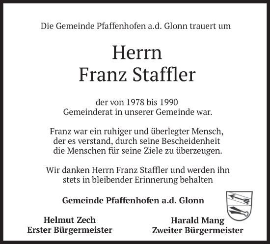Traueranzeige von Franz Staffler von merkurtz