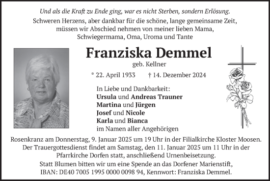 Traueranzeige von Franziska Demmel von merkurtz