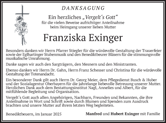 Traueranzeige von Franziska Exinger von merkurtz