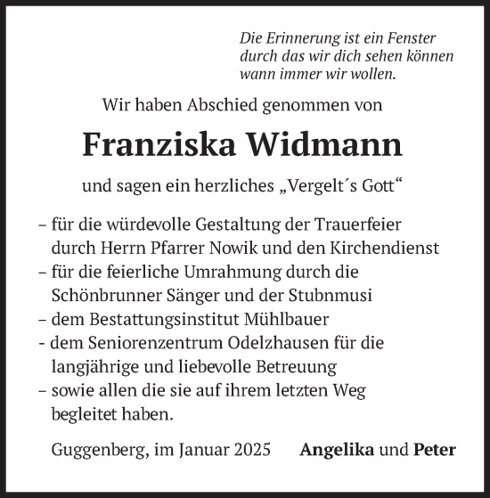 Traueranzeige von Franziska Widmann von merkurtz