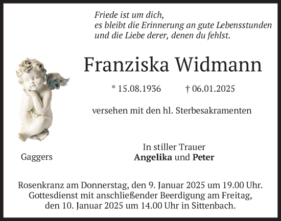 Traueranzeige von Franziska Widmann von merkurtz