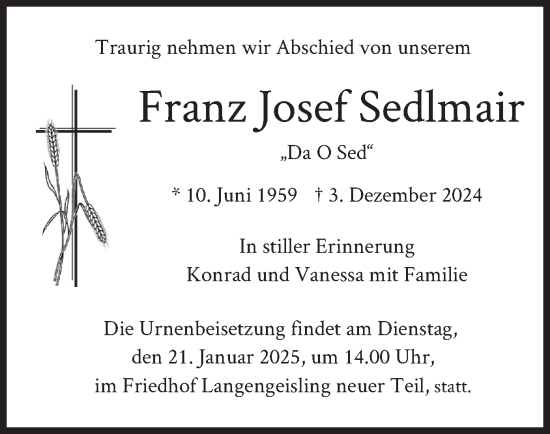 Traueranzeige von Franz Josef Sedlmair von merkurtz