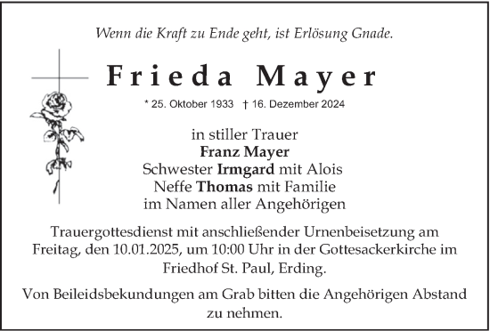 Traueranzeige von Frieda Mayer von merkurtz