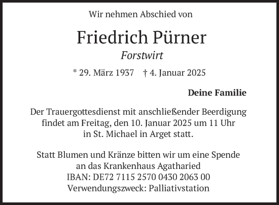 Traueranzeige von Friedrich Pürner von merkurtz
